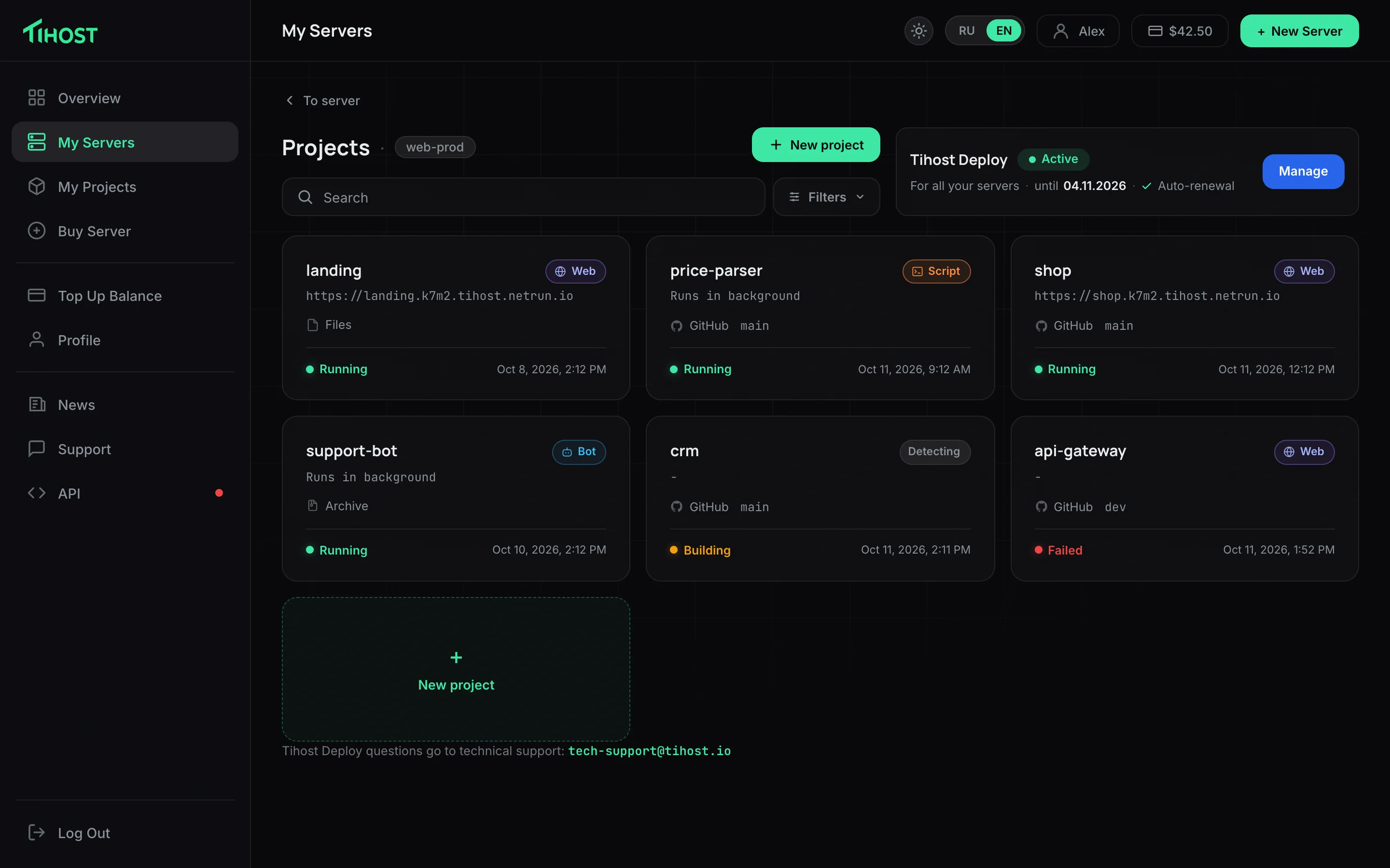 The “Projects” section in the Tihost panel